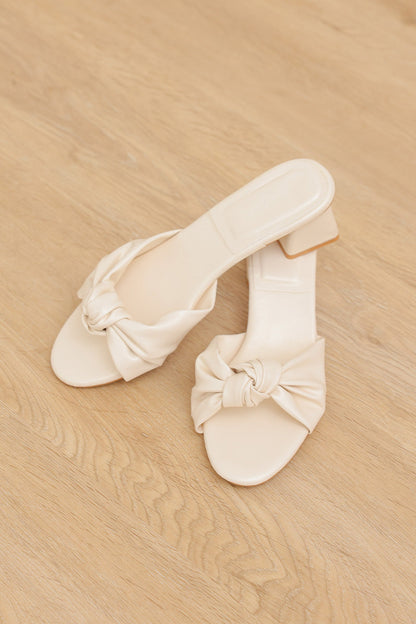 Sona Knotted Block Heels in Cream Waterproof Satin