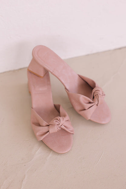 Sona Knotted Block Heels in Pink Waterproof Satin