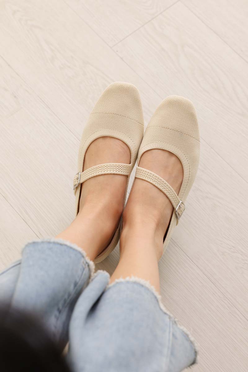 Theryn FlyKnit Slant Maryjane Flats in Cream