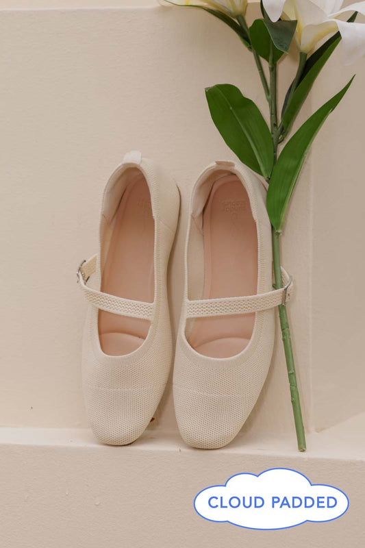 Theryn FlyKnit Slant Maryjane Flats in Cream