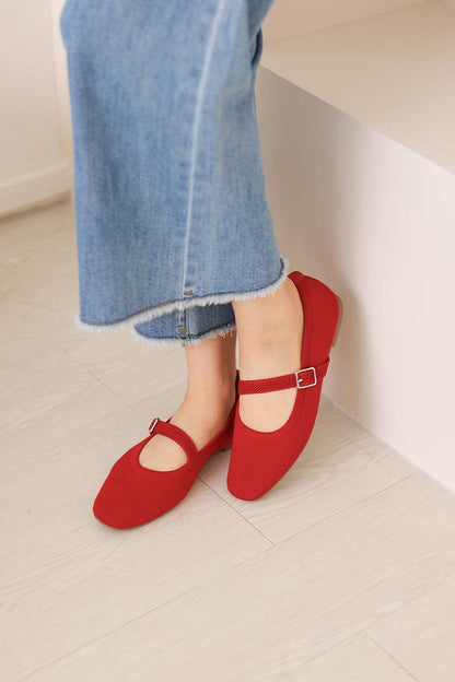 Theryn FlyKnit Slant Maryjane Flats in Red