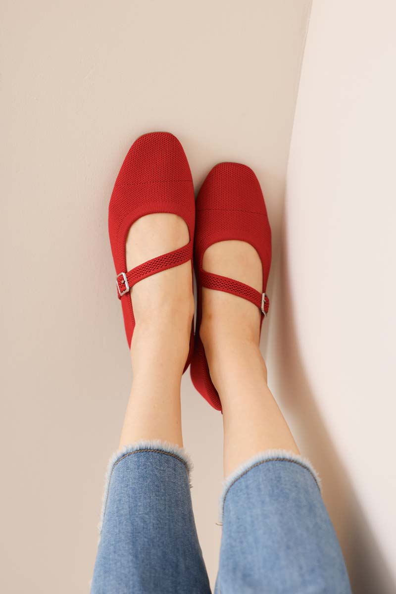 Theryn FlyKnit Slant Maryjane Flats in Red