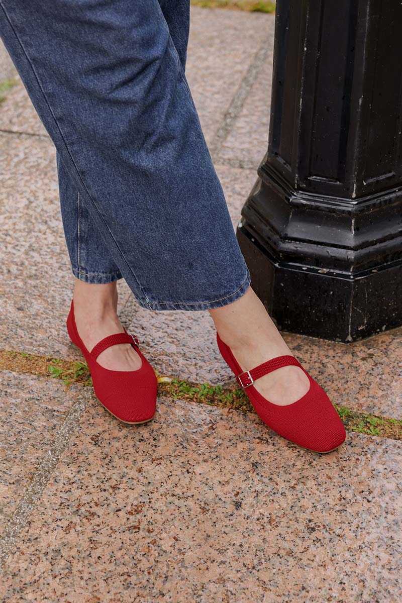 Theryn FlyKnit Slant Maryjane Flats in Red