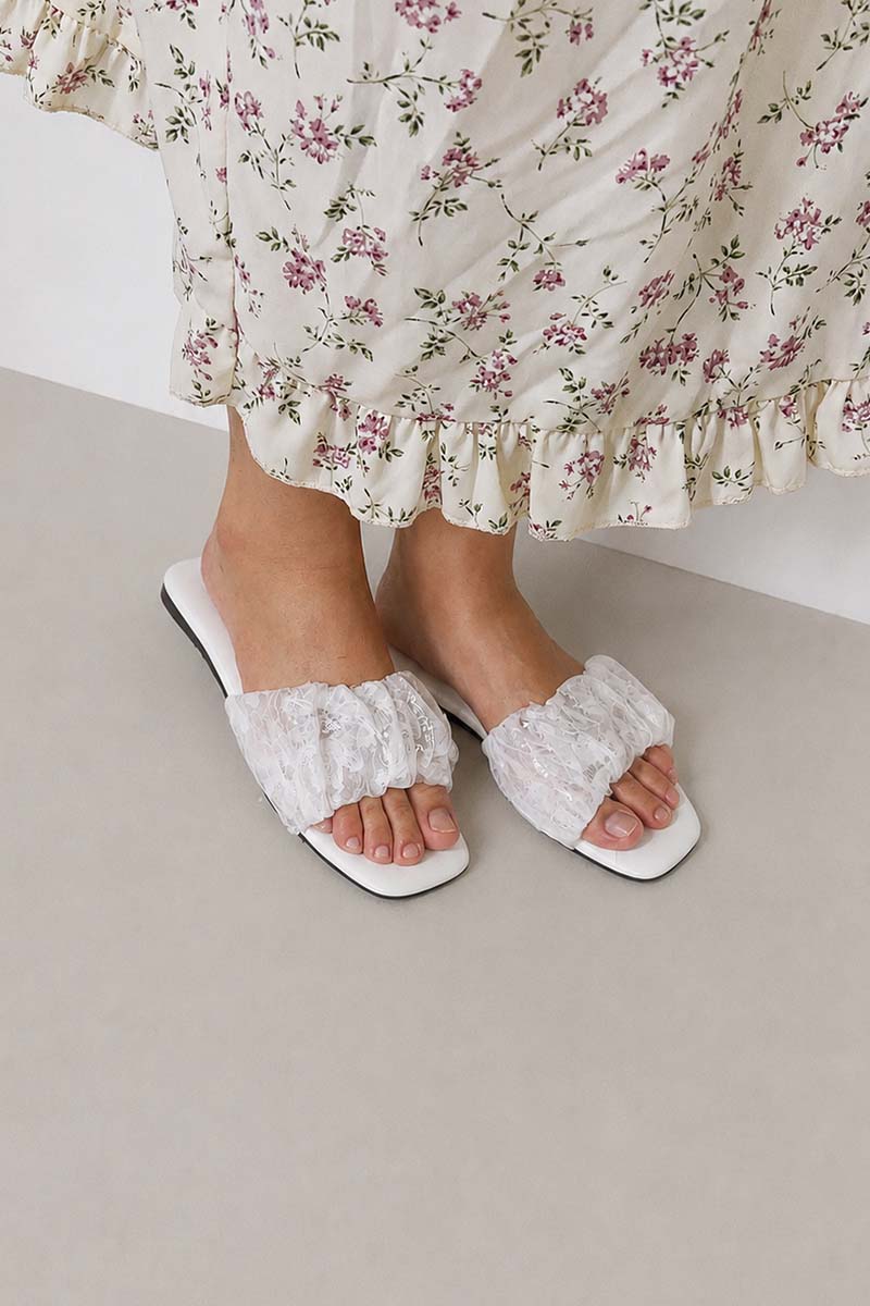[PRE-ORDER] Willow Cloud Sliders in White Sequin Mesh