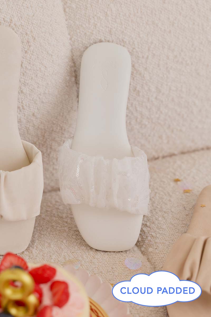 [PRE-ORDER] Willow Cloud Sliders in White Sequin Mesh